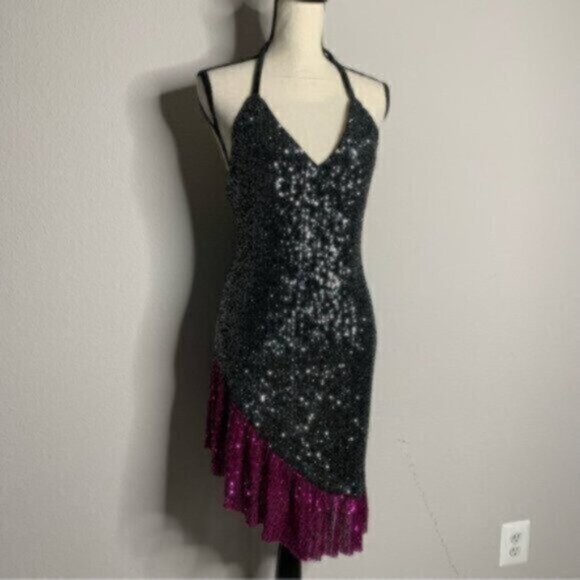 NWT One33 Social Black & Purple Sequin Colorblock Backless Halter Dress - Picture 7 of 13